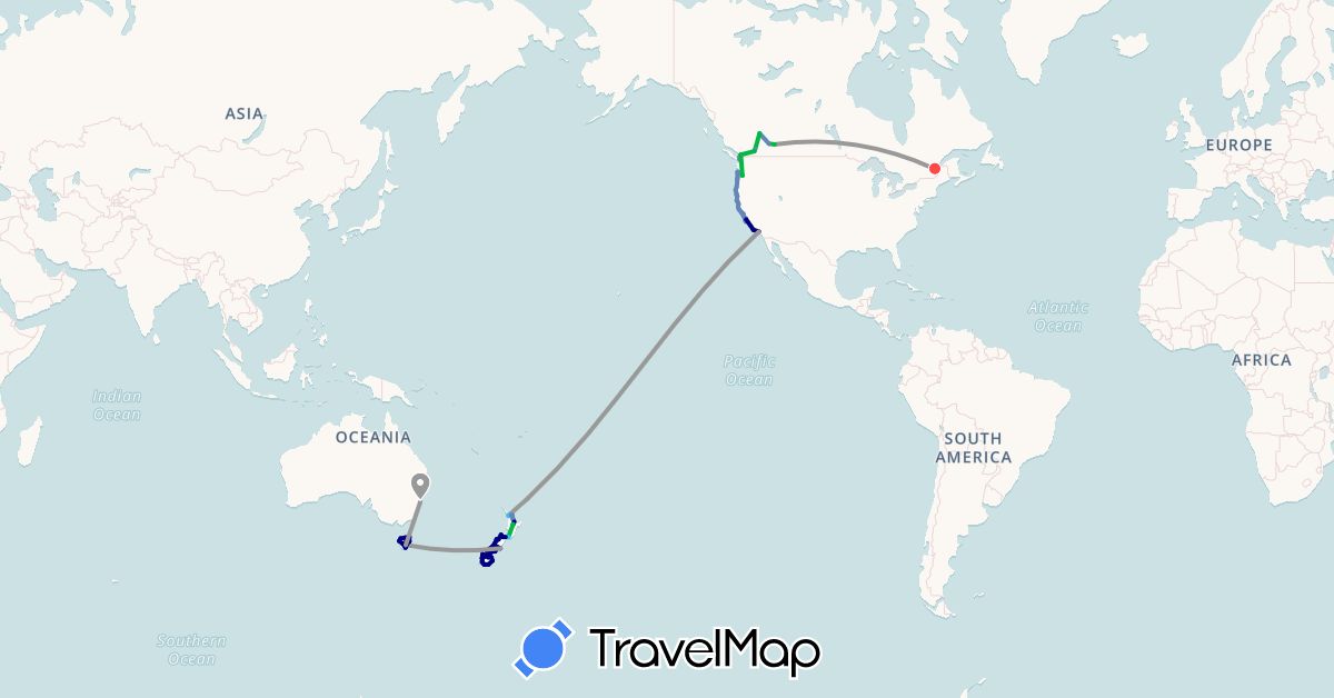TravelMap itinerary: driving, bus, plane, cycling, hiking, boat in Australia, Canada, New Zealand, United States (North America, Oceania)
